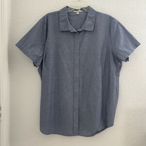 Woman Within Button Up Shirt Top Size 22/24 1X Blue Chambray Cotton Cozy Cowgirl